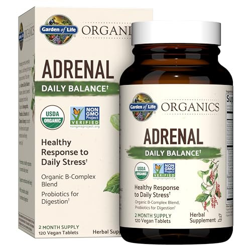 Garden Of Life Organics Adrenal Daily Balance Adaptogenic Herbs Ashwagandha Holy Basil B Complex & Probiotics Organic Non-Gmo Vegan Gluten Free Supplement Two Month Supply 120 Tablets