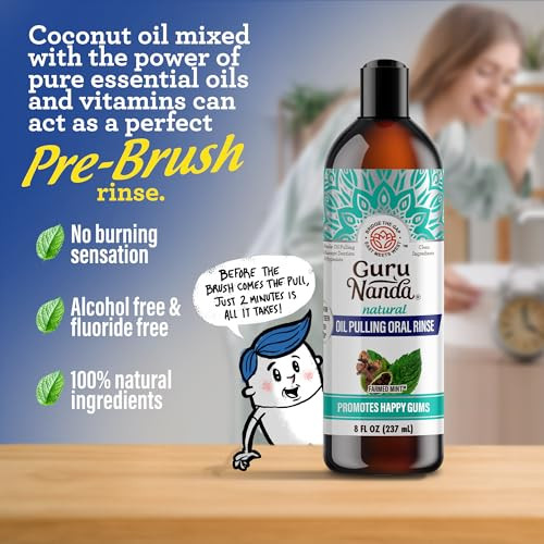Gurunanda Coconut & Mint Oil Pulling With Tongue Scraper & Teeth Whitening Strips - 7 Treatments With 14 Strips - Enamel-Safe Strips For Sensitive Teeth