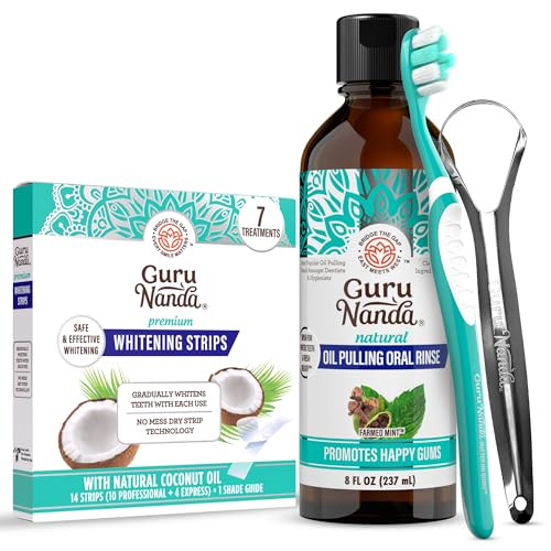 Gurunanda Coconut & Mint Oil Pulling With Tongue Scraper & Teeth Whitening Strips - 7 Treatments With 14 Strips - Enamel-Safe Strips For Sensitive Teeth