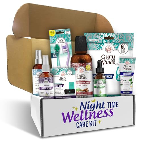 Gurunanda Nighttime Wellness Care Kit Ashwagandha Oil Pulling Hydroxyapatite Toothpaste Magnesium Spray Toothbrush Floss Picks Vitamin E Oil & Sleep Spray