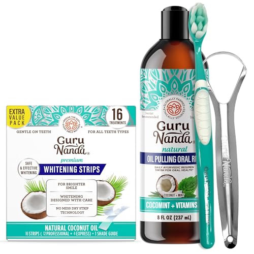 Gurunanda Coconut & Mint Oil Pulling With Tongue Scraper & Teeth Whitening Strips - 16 Day Treatments - Enamel-Safe Strips For Sensitive Teeth Dry Strip Technology