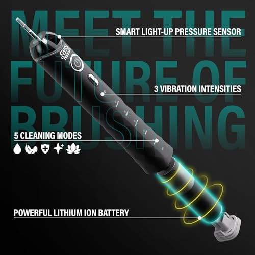 Gurunanda Pressure Sonic 2.0 Electric Toothbrush With Butter On Gums Bristles Smart Pressure Sensor 5 Modes 2-Min Timer 55-Day Rechargeable Battery Ipx7 Waterproof Black