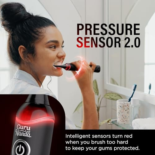 Gurunanda Pressure Sonic 2.0 Electric Toothbrush With Butter On Gums Bristles Smart Pressure Sensor 5 Modes 2-Min Timer 55-Day Rechargeable Battery Ipx7 Waterproof Black
