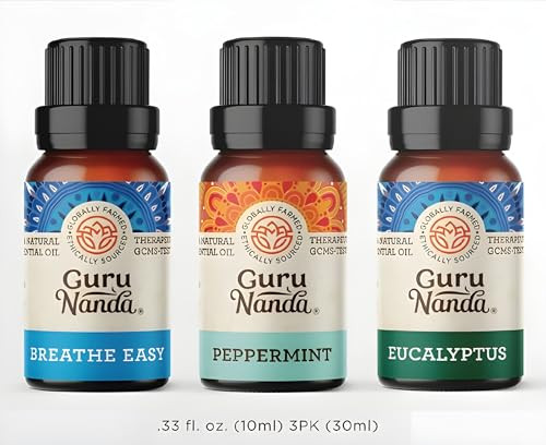 Gurunanda Breathe Essential Oil Set 3-Pack Aromatherapy Oils For Diffusers Massages & Diy Recipes Peppermint Eucalyptus & Breath Easy 100 Pure Natural & Undiluted (3 X 0.34 Fl Oz)
