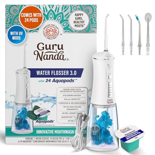 Gurunanda Advanced Dental Water Flosser 3.0 With Uv Mode Water Flosser & 24 Aquapods With Mouthwash For Fresh Breath & Plaque Removal Compact & Tsa-Friendly