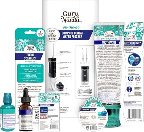 Gurunanda Travel Bundle- Oil Pulling Sachets Hydroxyapatite Toothpaste Compact Water Flosser Bog Toothbrush Concentrated & Oral Rinse Mouthwash Tongue Scraper Expandable Floss & Brush Pods