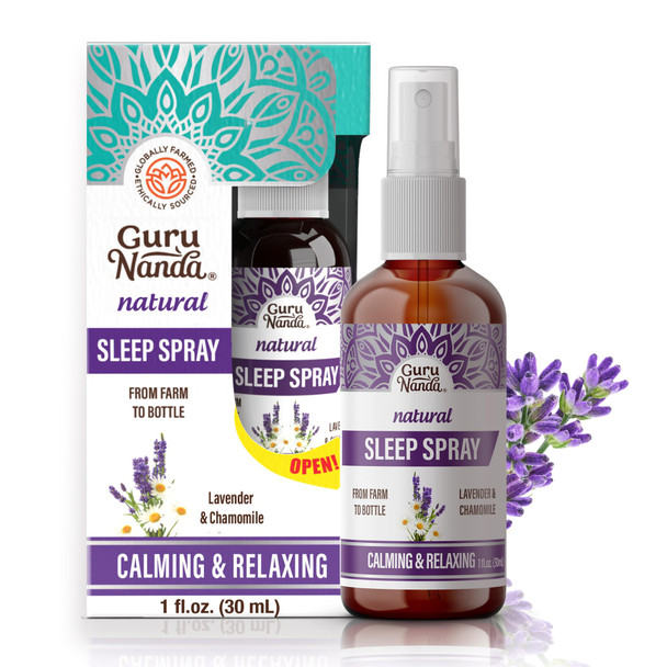 Gurunanda Sleep Spray (1 Fl Oz) - 100 Pure & Natural Blend Of Lavender Chamomile & Aromatherapy Essential Oils - Supports Calm & Relaxed Rest - Bedtime Mist For Bed Pillows Or Linen