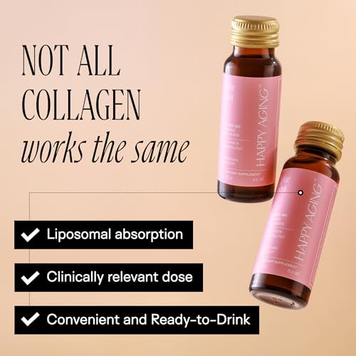 Happy Aging Marine Collagen Peptides Glow Shot 10000Mg - Liquid Collagen For Women With Liposomal Delivery - Promotes Skin Hydration Elasticity & Radiance - Supports Hair & Nails 10 Shots