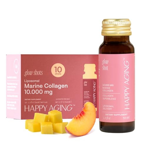 Happy Aging Marine Collagen Peptides Glow Shot 10000Mg - Liquid Collagen For Women With Liposomal Delivery - Promotes Skin Hydration Elasticity & Radiance - Supports Hair & Nails 10 Shots