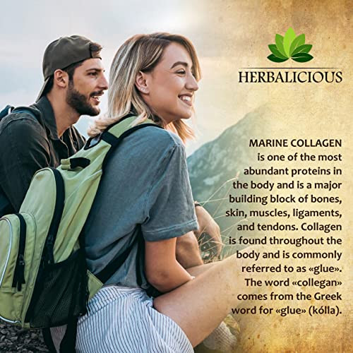Herbalicious Marine Collagen Capsules - Non Gmo Gluten-Free Hydrolyzed Fish Collagen Supplements For Radiant Skin Hair Nails Joints & Bones - Made In Usa - 120 Capsules 30 Days Supply