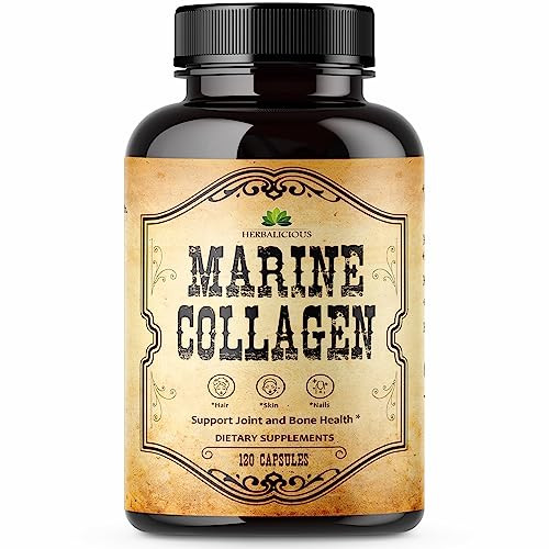 Herbalicious Marine Collagen Capsules - Non Gmo Gluten-Free Hydrolyzed Fish Collagen Supplements For Radiant Skin Hair Nails Joints & Bones - Made In Usa - 120 Capsules 30 Days Supply