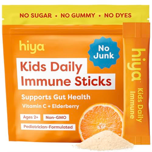 Hiya Kids Immune Support Vitamin C Elderberry & Beta Glucans For Ages 2 Delicious Orange Flavor 0G Sugar 20 Stick Packs For Toddlers & Kids
