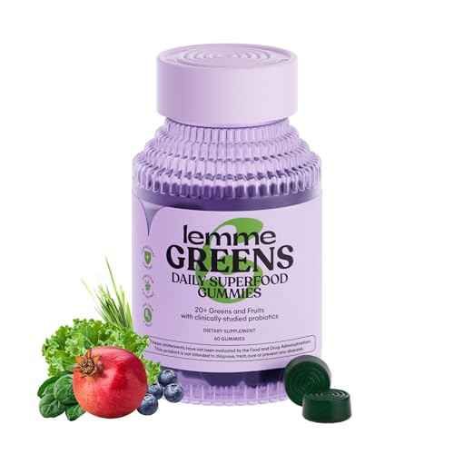 Lemme Greens Superfood Gummies W/Multi - Support Gut Health & Reduce Bloating 20 Organic Greens And Superfruits Clinically Studied Probiotics D3 B12 - Berries & Greens Flavored (60 Count)
