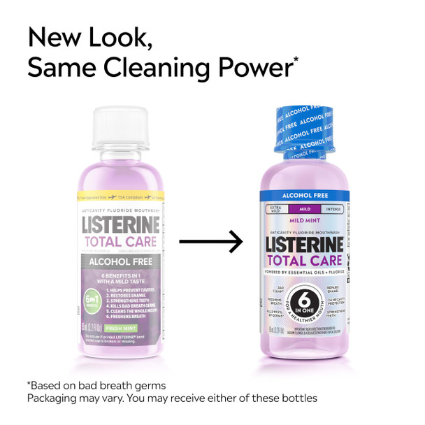 Listerine Total Care Alcohol-Free Mild Mouthwash 6 Benefit Oral Rinse To Help Kill 99.9 Of Germs That Cause Bad Breath Strengthen Enamel Mild Mint Flavor 95 Ml