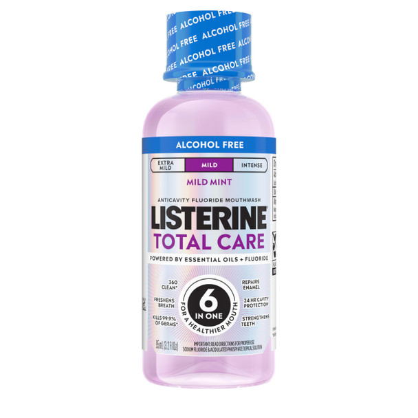 Listerine Total Care Alcohol-Free Mild Mouthwash 6 Benefit Oral Rinse To Help Kill 99.9 Of Germs That Cause Bad Breath Strengthen Enamel Mild Mint Flavor 95 Ml