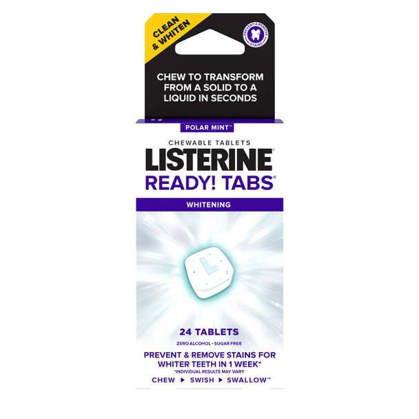 Listerine Ready Tabs Whitening Chewable Tablets With Polar Mint Flavor To Help Fight Bad Breath Gently Whiten Teeth & Kill Bad Breath Germs On The Go Sugar-Free Gluten-Free 24 Ct