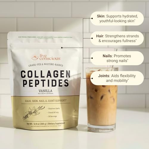 Live Conscious Collagen Peptides Powder - Vanilla Flavored Collagen - Hair Skin Nail & Joint Support - Type I & Iii Grass-Fed Collagen Supplements For Women And Men - 30 Servings 13Oz (2-Pack)