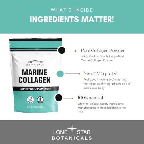 Lone Star Botanicals Marine Collagen Powder 100 Superfood Usa Grown Type 1 & 3 Skin And Hair Health Superfood For Smoothies Coffees Cooking Baking And Teas. (100 Grams)