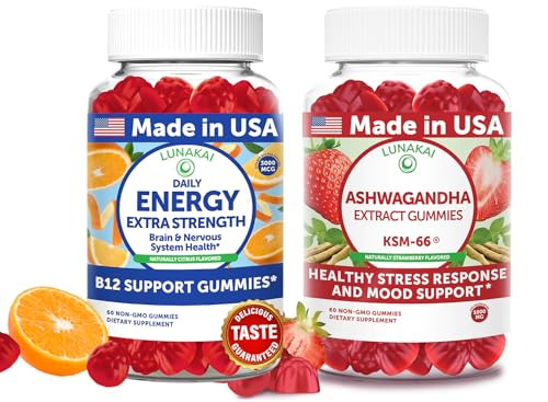 Lunakai Usa Made Energy B12 & Ashwagandha Gummies Bundle Daily Energy & Mood Support 60 Non-Gmo Gummies Each