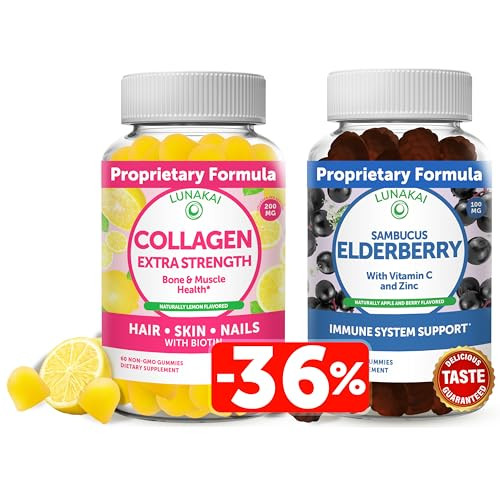 Lunakai Collagen And Elderberry Gummies Bundle - Anti Aging Supplements For Men & Women - Immune Support For Adults And Kids - Vegan Non-Gmo No Corn Syrup Gelatin Free All Natural Black Sambucus