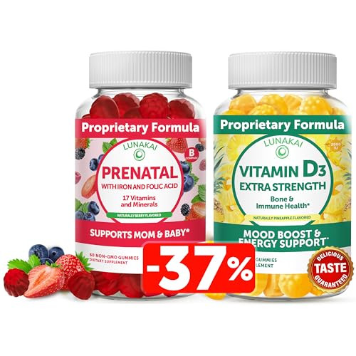 Lunakai Prenatal And Vitamin D3 Gummies Bundle - Pregnancy Multivitamin Gummy With Iron & Folic Acid - Immunity Bone And Mood Support Supplement For Adults
