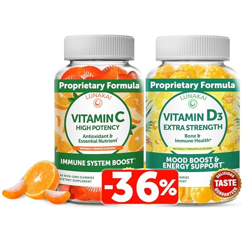 Lunakai Vitamin C And Vitamin D3 Gummies Bundle - 300Mg Organic Non-Gmo Vegan Chewable Gummy - Immunity Bone And Mood Support Supplement For Adults