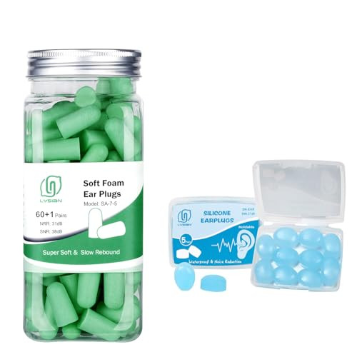 Lysian Foam Ear Plugs Yellow-Green 60 Pairs And Silicone Earplugs 5 Pairs By Lysian