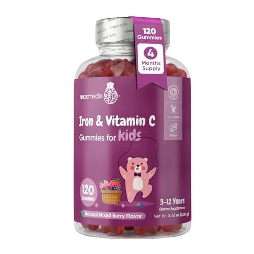 Maxmedix Kids Iron Gummies With Vitamin C 120 Gummies (4-Month Supply) 7Mg Of Kids Iron Supplement With Vitamin C 10Mg Natural Mixedberry Flavored 1 Gummy Per Day Vegan Non-Gmo