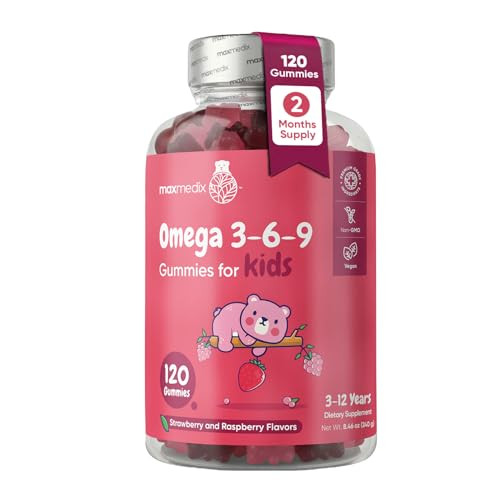 Maxmedix Kids Vegan Omega 3 6 9 Gummies 120 Count (2-Month Supply) Perilla Oil Sourced - Kids Omega 3 Gummies Natural Strawberry & Raspberry Flavors No Fish Oil Aftertaste Non-Gmo