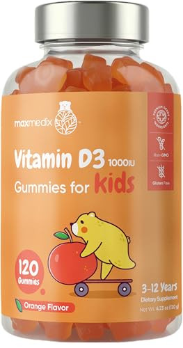 Maxmedix Kids Vitamin D3 1000Iu 120 Vitamin D Gummies For Kids (4-Month Supply) Low Sugar Vit D3 Gummies Natural Orange Flavor 1 Gummy Per Day Gluten-Free Non-Gmo Gmp-Approved