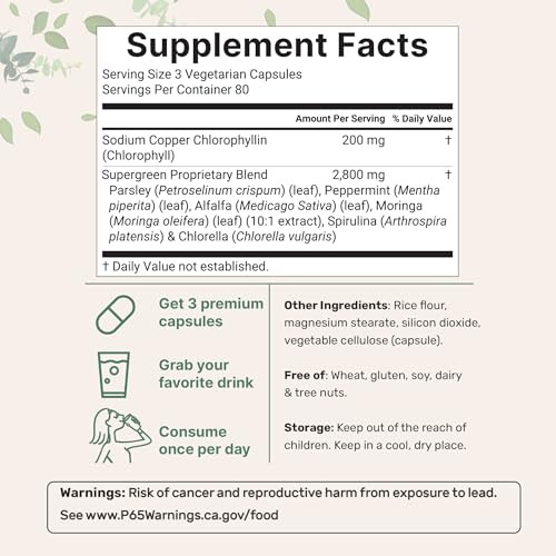 Micro Ingredients Chlorophyll Super Greens Complex 240 Veggie Capsules With Parsley Moringa Spirulina Chlorella & More Gluten-Free No Additives