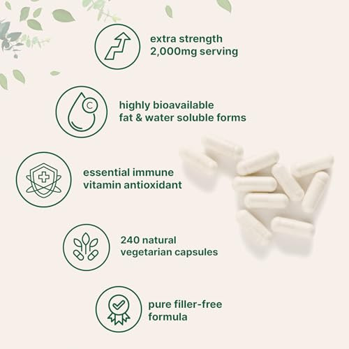 Micro Ingredients Pure Vitamin C 2000Mg 240 Veggie Capsules Highly Bioavailable Fat & Water Soluble Forms Max Potency Antioxidant & Immune Support Supplement Easily Absorbed Non-Gmo Filler Free