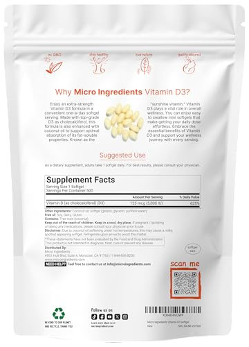 Micro Ingredients Vitamin D3 5000 Iu 500 Softgels Virgin Coconut Oil Cholecalciferol Form Bone Immune & Heart Support Easy To Swallow Non-Gmo