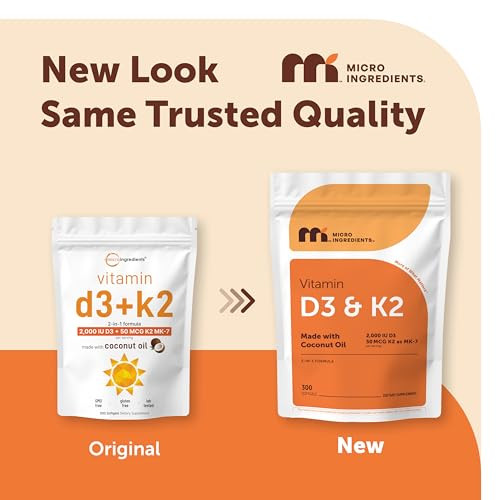 Micro Ingredients Vitamin D3 2000 Iu K2 Mk-7 50 Mcg 300 Softgels Made With Coconut Oil 2-In-1 Formula Easy To Swallow Non-Gmo