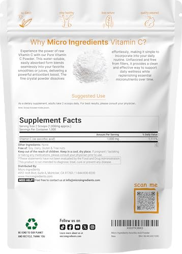 Micro Ingredients Pure Vitamin C Powder 2.2Lbs (1Kg) Unflavored Ascorbic Acid Supplements Vitamins For Women & Men Non-Gmo Gluten Free
