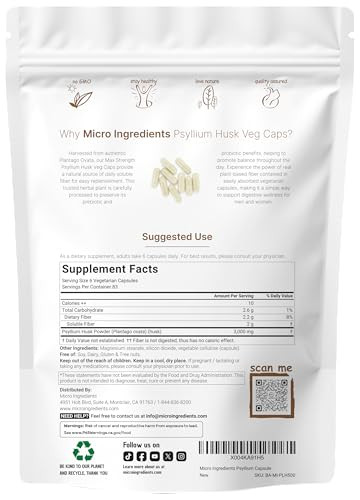 Micro Ingredients Psyllium Husk Capsules 3000Mg 500 Veg Caps Soluble Fiber Supplement For Women & Men Natural Prebiotics & Probiotics Fiber Supplements For Gut & Digestive Health Non-Gmo