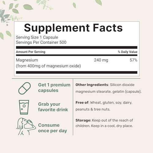 Micro Ingredients Magnesium Oxide 400Mg 500 Capsules Elemental Form For Max Concentration Supports Calm Muscle & Nerve Health Non-Gmo