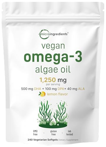 Micro Ingredients Vegan Omega 3 Algae Oil 240 Veggie Softgels Fish Oil Alternative Dha 500Mg & Dpa 100Mg Carrageenan Free Plant-Based Omega 3 With Flaxseed & Ala Lemon Flavored