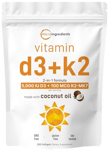 Micro Ingredients Vitamin D3 5000 Iu K2 Mk-7 100 Mcg 300 Softgels Virgin Coconut Oil 2-In-1 Support Easy To Swallow Non-Gmo