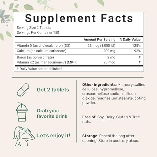 Micro Ingredients Calcium 1200Mg With Vitamin D3 & K2 300 Tablets Calcium Supplements For Women & Men Mineral Complex Support Bone Teeth Colon & Cardiovascular Health Non-Gmo Gluten-Free