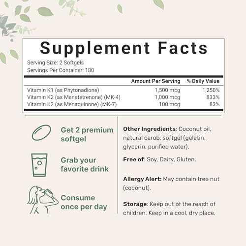 Micro Ingredients Super Vitamin K Complex (K2 Mk7 Mk4 & K1) 360 Coconut Oil Softgles Easily Absorbed K Vitamins Active Menaquinone Complex Non-Gmo