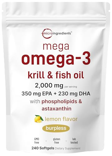 Micro Ingredients Mega Omega-3 Krill & Fish Oil 2000Mg Equivalent 240 Softgels Lemon Flavored Burpless Essential Fatty Acids & Astaxanthin Epa 350Mg Dha 230Mg Heart & Brain Supplement