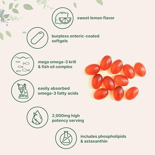 Micro Ingredients Mega Omega-3 Krill & Fish Oil 2000Mg Equivalent 240 Softgels Lemon Flavored Burpless Essential Fatty Acids & Astaxanthin Epa 350Mg Dha 230Mg Heart & Brain Supplement