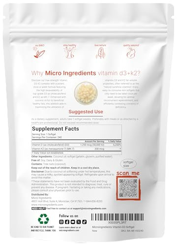 Micro Ingredients Vitamin D3 50000 Iu K2 Mk 7 200 Mcg 240 Softgels Virgin Coconut Oil 2-In-1 Support Easy To Swallow Non Gmo