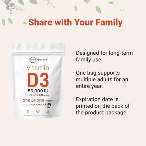 Micro Ingredients Vitamin D3 50000 Iu K2 Mk-7 200 Mcg 240 Softgels Virgin Coconut Oil 2-In-1 Support Easy To Swallow Non-Gmo