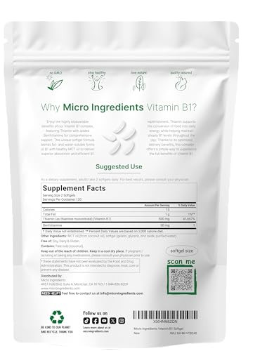 Micro Ingredients Vitamin B1 Thiamine 500Mg With Benfotiamine & Mct Oil 240 Softgels Highly Bioavailable Thiamine Supplement For Energy & Nervous System Support Non-Gmo Soy Free