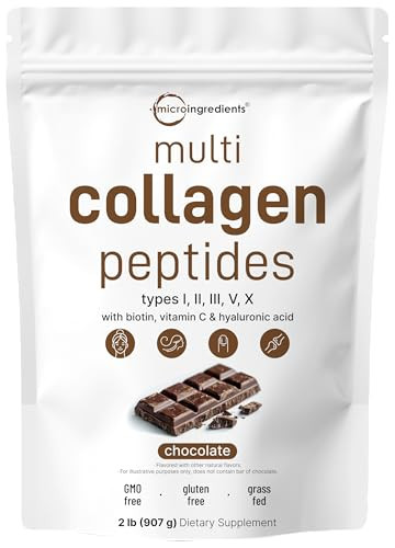 Micro Ingredients Multi Collagen Peptides Powder 2Lb Type I Ii Iii V X Biotin Vitamin C & Hyaluronic Acid Chocolate Flavor Supports Hair Skin & Joint Health Keto Non-Gmo