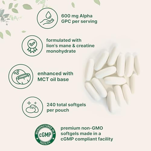 Micro Ingredients Alpha Gpc 600Mg Per Serving With Mct Oil 240 Softgels Bioavailable Choline Supplement With Creatine Monohydrate & Lion S Mane Non Gmo Cgmp Manufactured