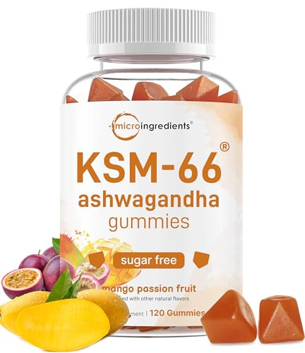 Micro Ingredients Ksm-66 Ashwagandha Gummies 120 Count Sugar Free Mango Passion Fruit Flavor Potent Root Extract Stress Relaxation & Sleep Support Non-Gmo