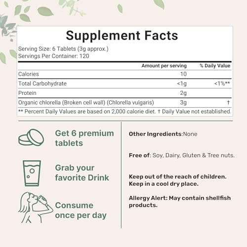 Micro Ingredients Organic Chlorella Tablets 500Mg Per Tablet 720 Tabs (360 Grams) 4 Months Supply Broken Cell Wall Rich In Vegan Protein & Vitamins No Filler No Additives & Non-Gmo Pure Green Algae Superfood